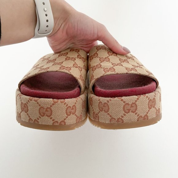 Gucci Angelina GG Platform Slides EU 38 US Women's 8 Tan Sandal Original Logo - Picture 5 of 12